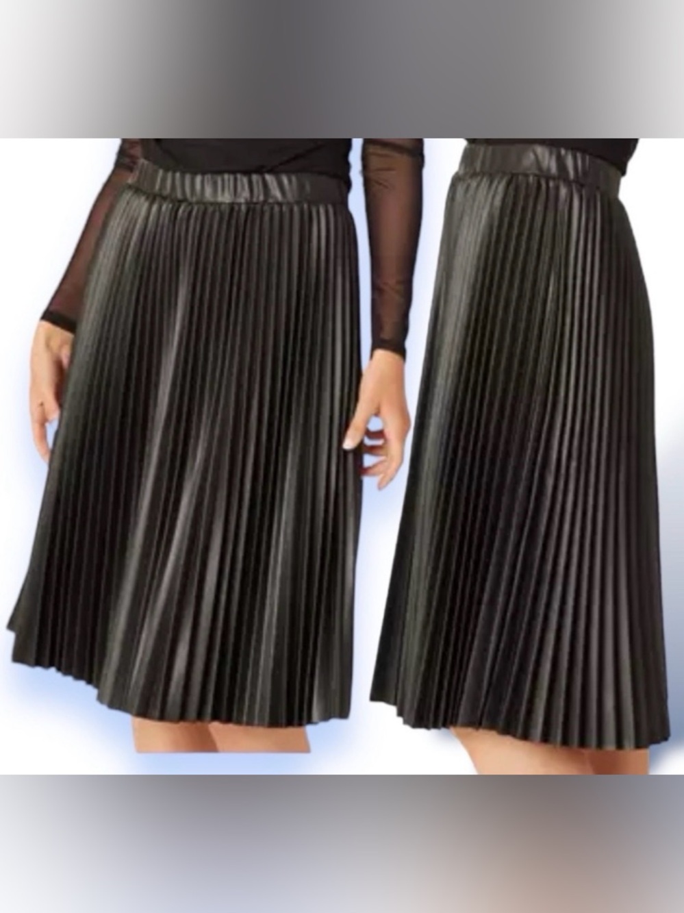 Faux Leather Midi Skirt Adrienne Landau Onyx Knife Pleats  - Size Small lined